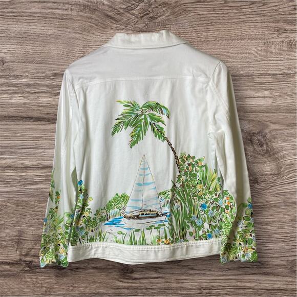 Bamboo Trader White Tropical Sailing Scene Button Front Jacket Size Medium - Picture 2 of 6